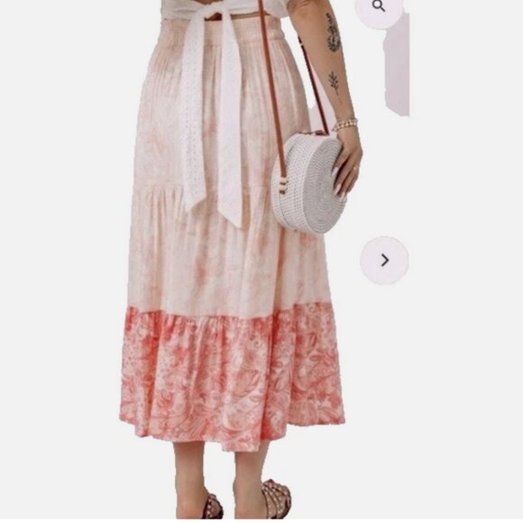 Wonderly Peasant Skirt Midi Medium Boho Tiered Pull on Peachy - Picture 2 of 9